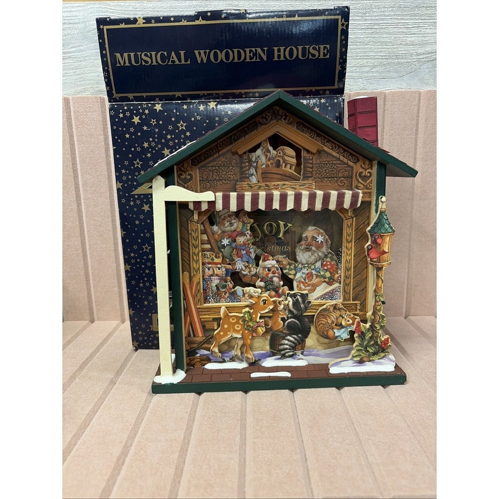 Wooden musical wind-up Joy The Christmas Shop, Animated, Works (C4)